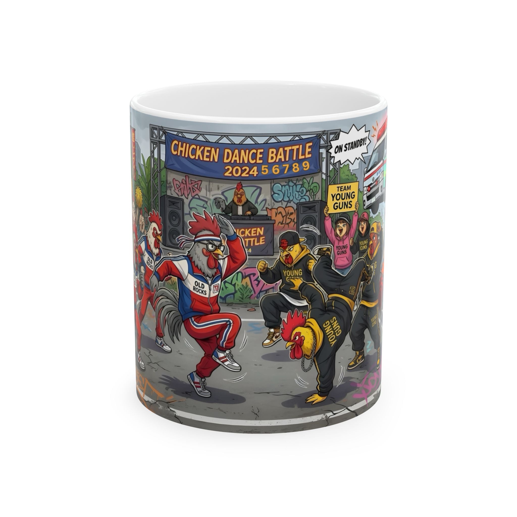 Chicken Dance Battle White Ceramic Mug (11oz, 15oz) — Funny Rooster Street Dance Cup