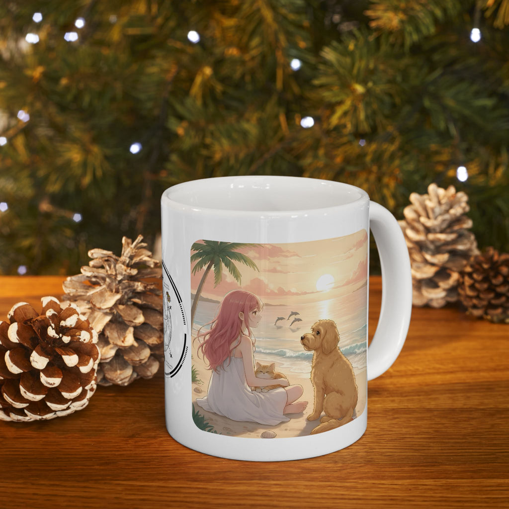 Goldendoodle Dog Orange Cat Sunset & Sunflower White Ceramic Mug — Peaceful Waves Anime Girl Boho Beach Vibes Cup (11oz, 15oz)
