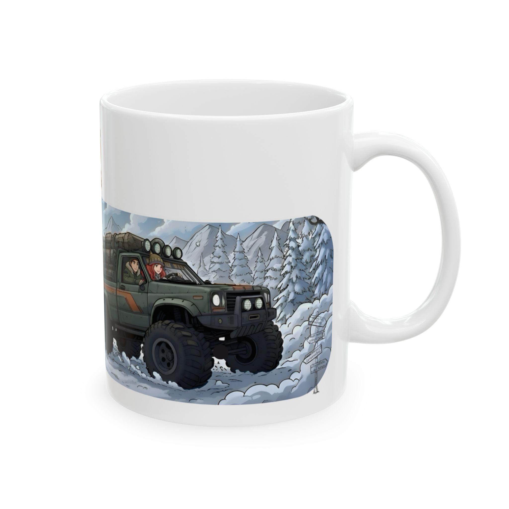 Adventure 4x4 Trucks #39, Rolling Through The Snow White Ceramic Mug — Find Your Path To The Essentials Cup (11oz & 15oz)