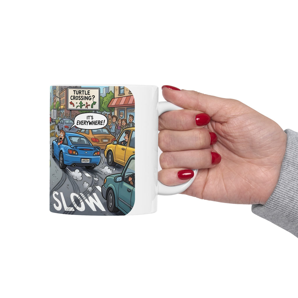 Cute Turtle Crossing White Ceramic Mug, Cruising Vibes Cup (11oz, 15oz)