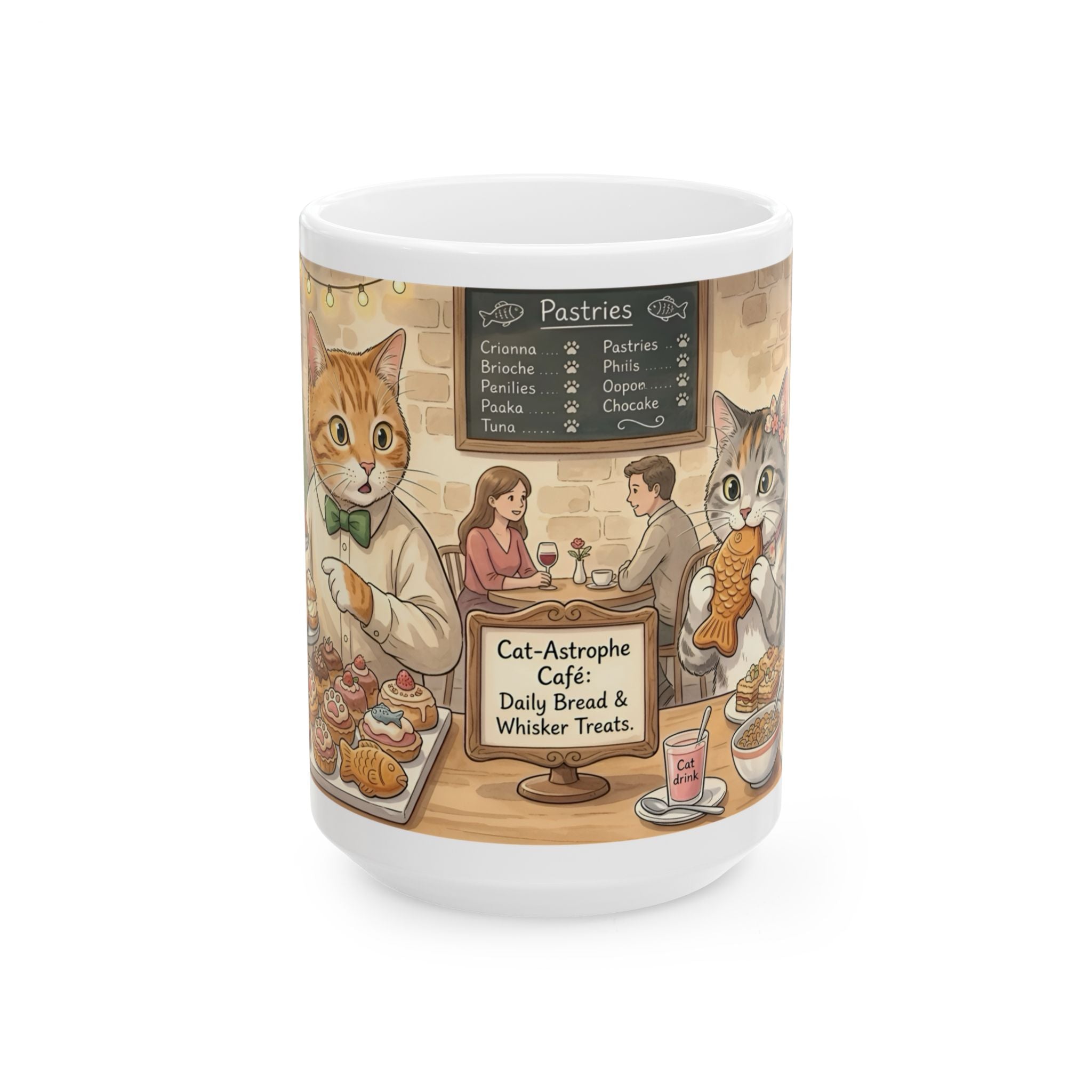 Cat-Astrophe Café White Ceramic Mug — Cute Cat Bakery Date Cup (11oz & 15oz)