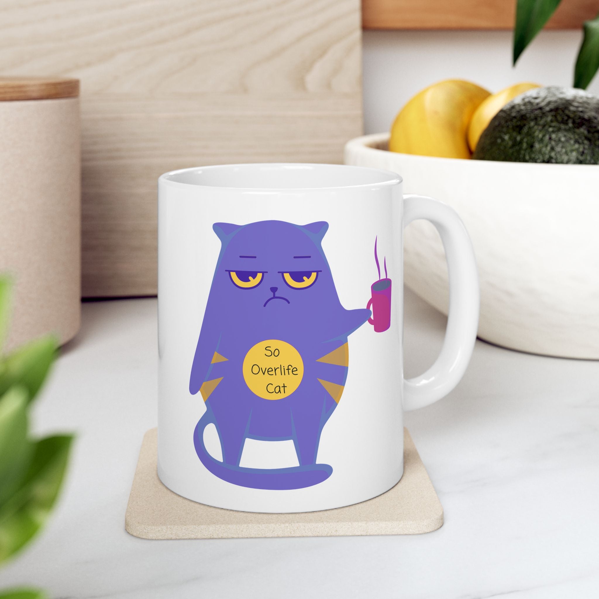 So OverLife Cat On A White Ceramic Mug 11oz & 15oz, Cute Kawaii Cat Holding Mug Cup