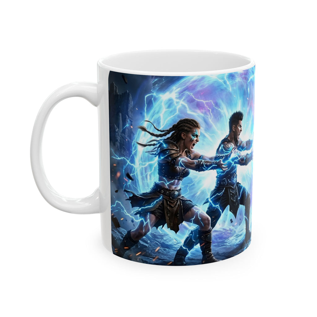 Dragon Battle #2 White Ceramic Mug — Epic Fantasy Gaming Adventure Scene (11oz, 15oz)
