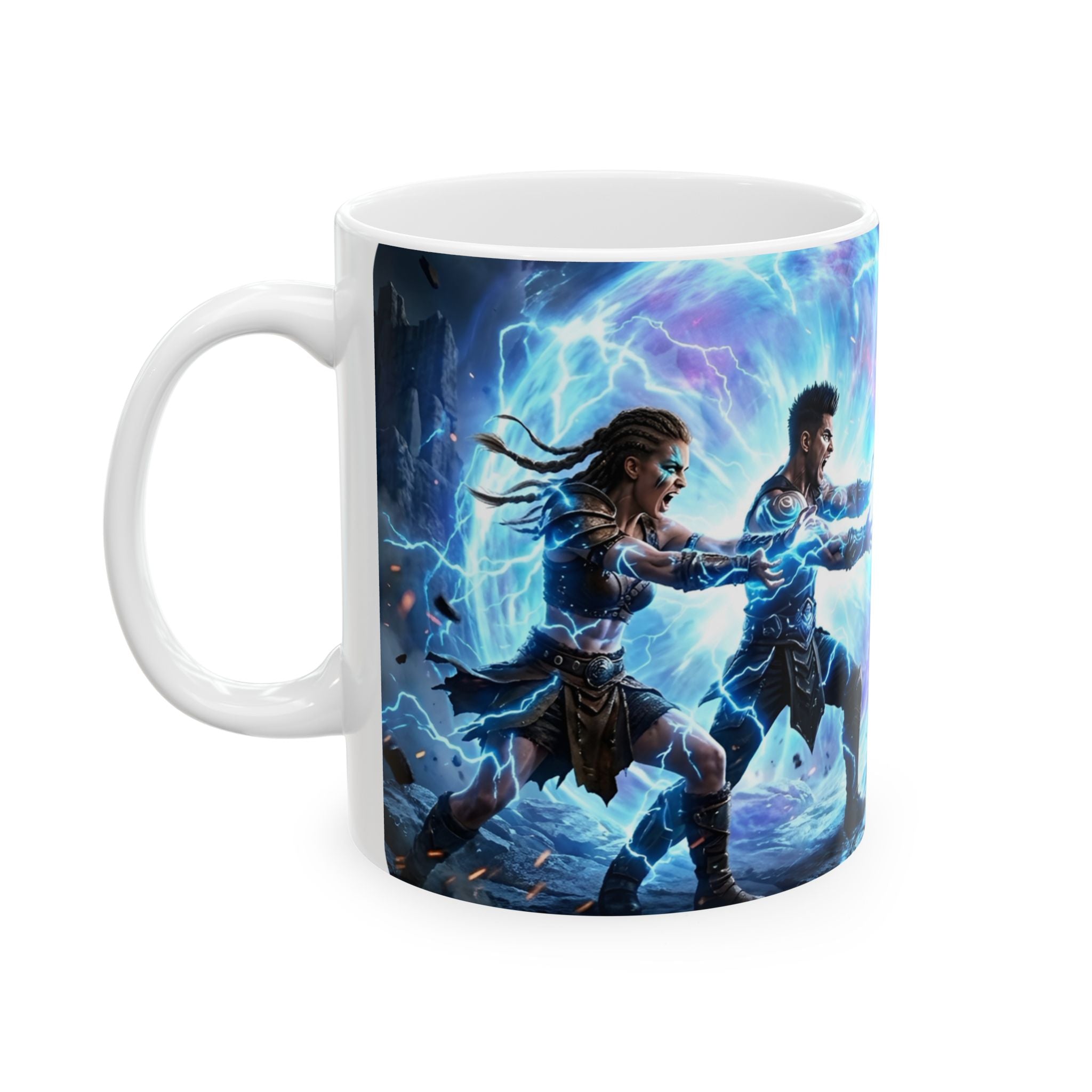 Dragon Battle #2 White Ceramic Mug — Epic Fantasy Gaming Adventure Scene (11oz, 15oz)