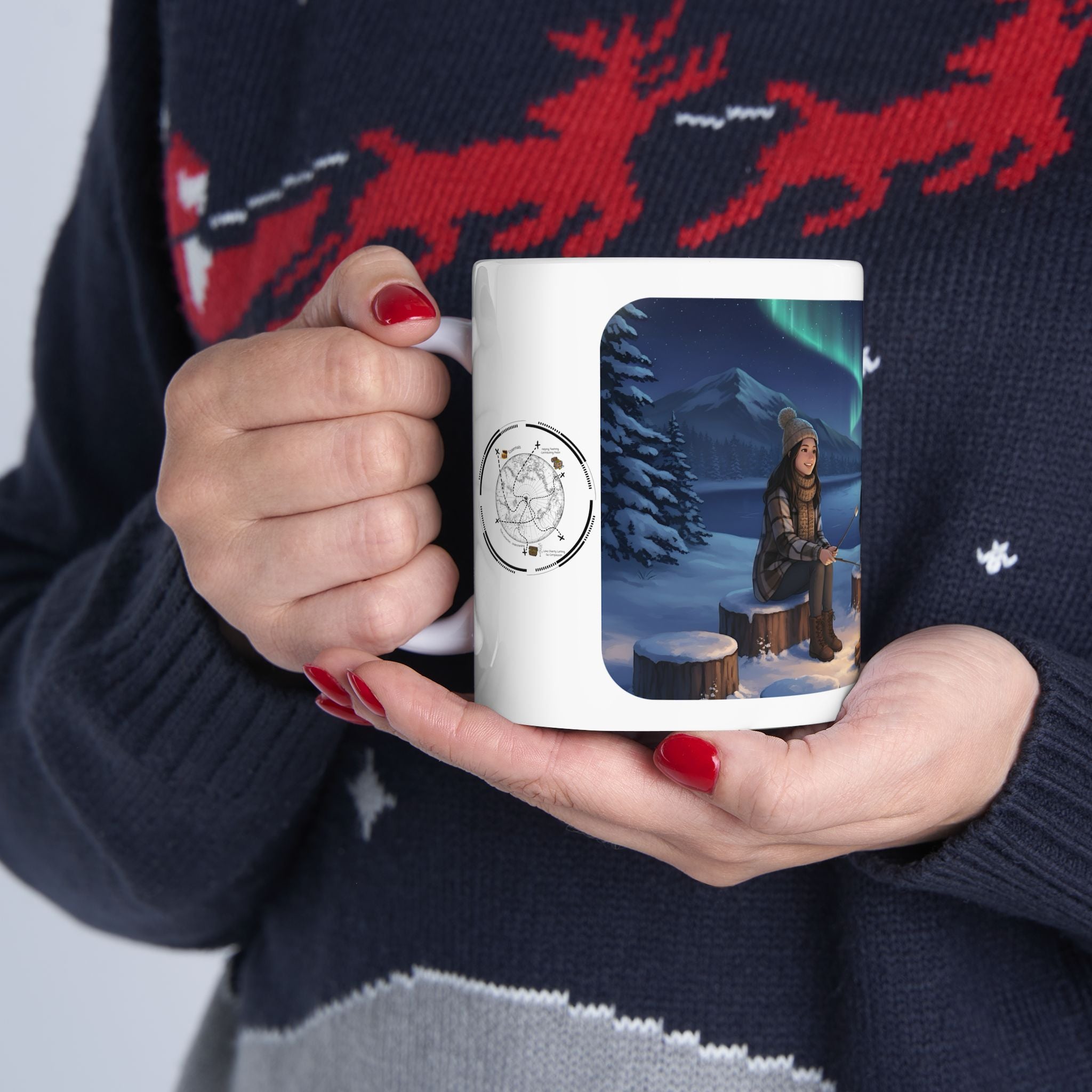 Cozy Aurora Borealis Friends Under The Northern Lights White Ceramic Mug — Starry Wintry Night Sky & World Map To Explore Cup (11oz, 15oz)