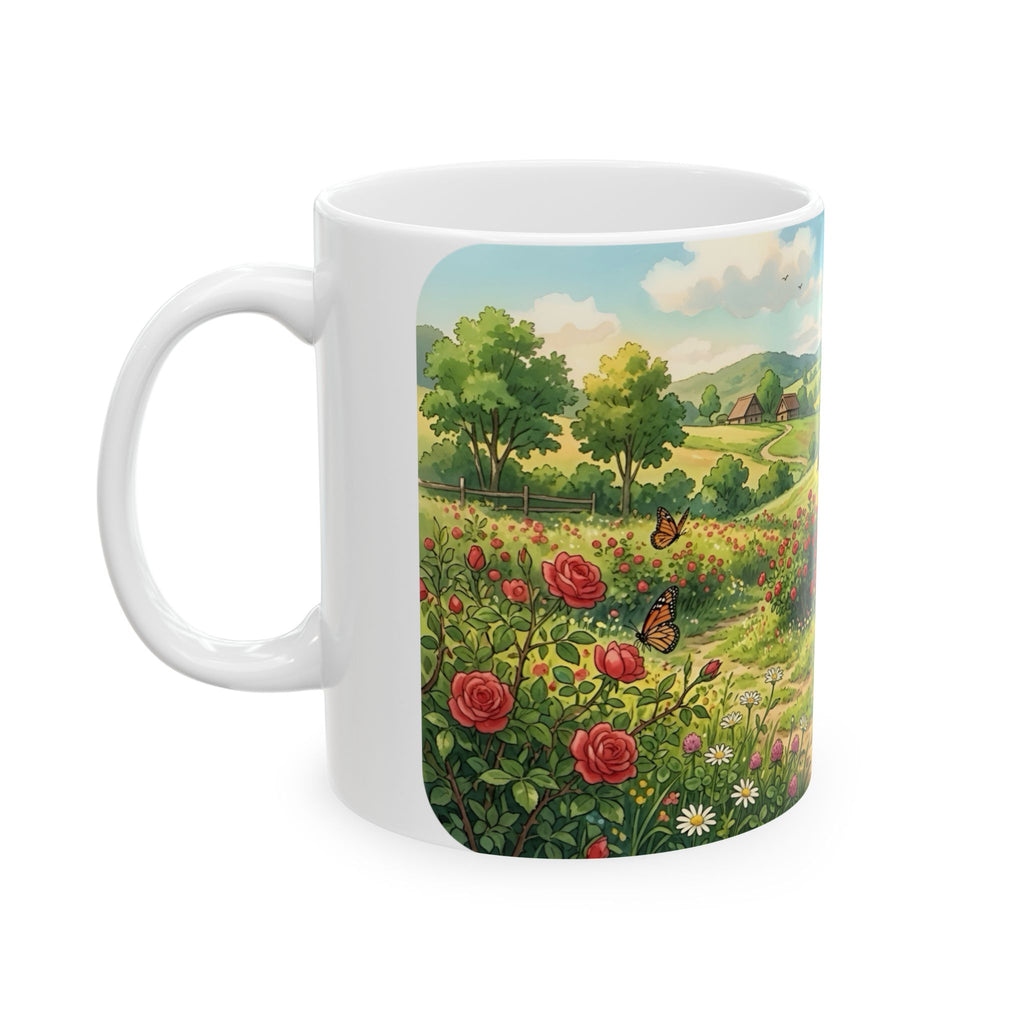 Scenic Countryside White Ceramic Mug — Floral Garden & Butterflies 11oz/15oz