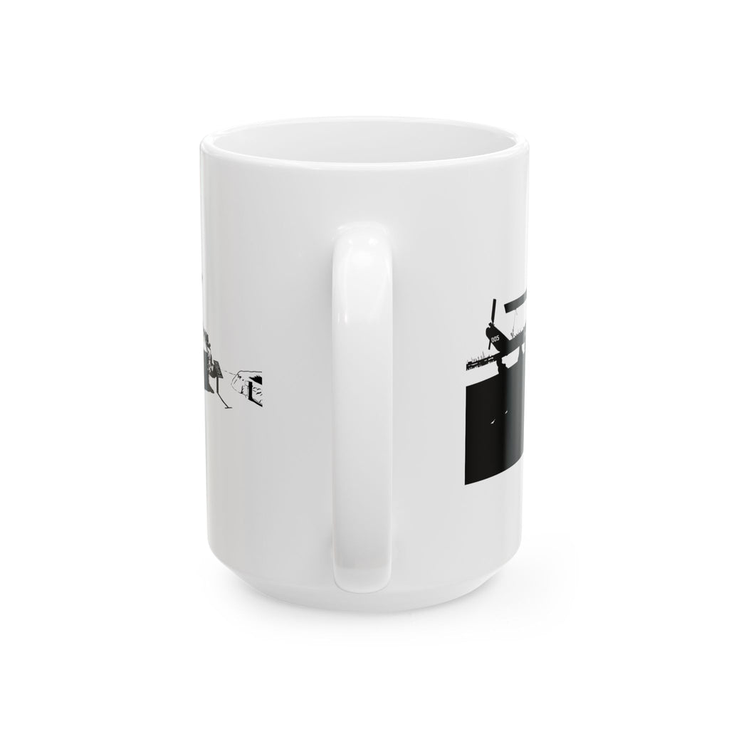 Harbor Panorama White Ceramic Mug — Black & White Maritime Port Cup (11oz, 15oz)