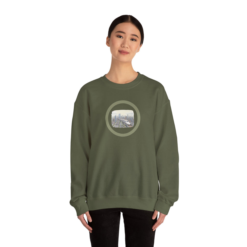 Circular Crewneck Bullet Train Sweatshirt — Vintage Locomotive Over The Metro Sweater