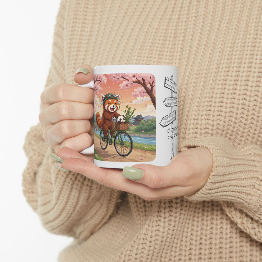 Cozy Red Panda & Baby Panda in Sakura Japan White Ceramic Mug — Happy Panda Family Bicycle Cup, 11oz & 15oz