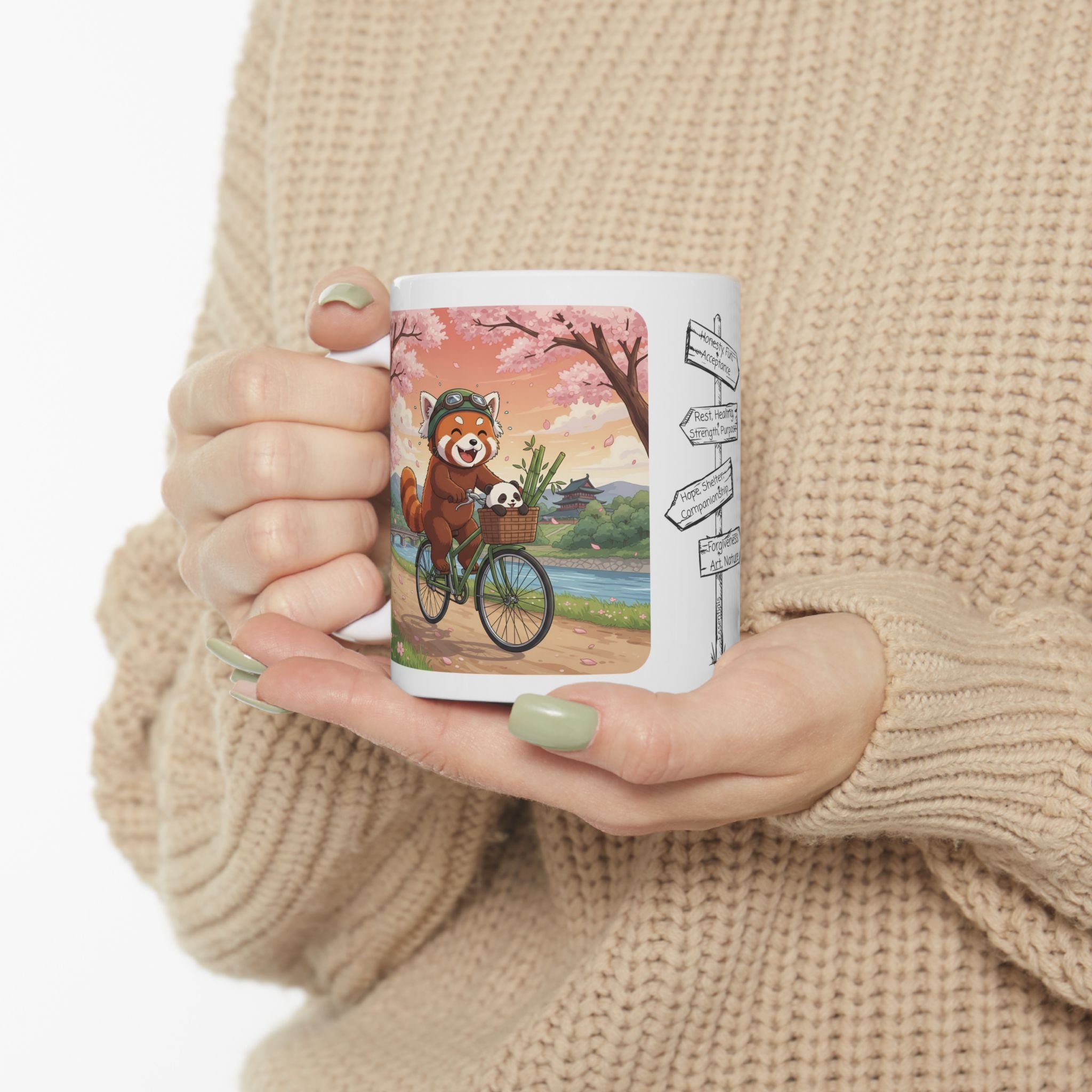 Cozy Red Panda & Baby Panda in Sakura Japan White Ceramic Mug — Happy Panda Family Bicycle Cup, 11oz & 15oz
