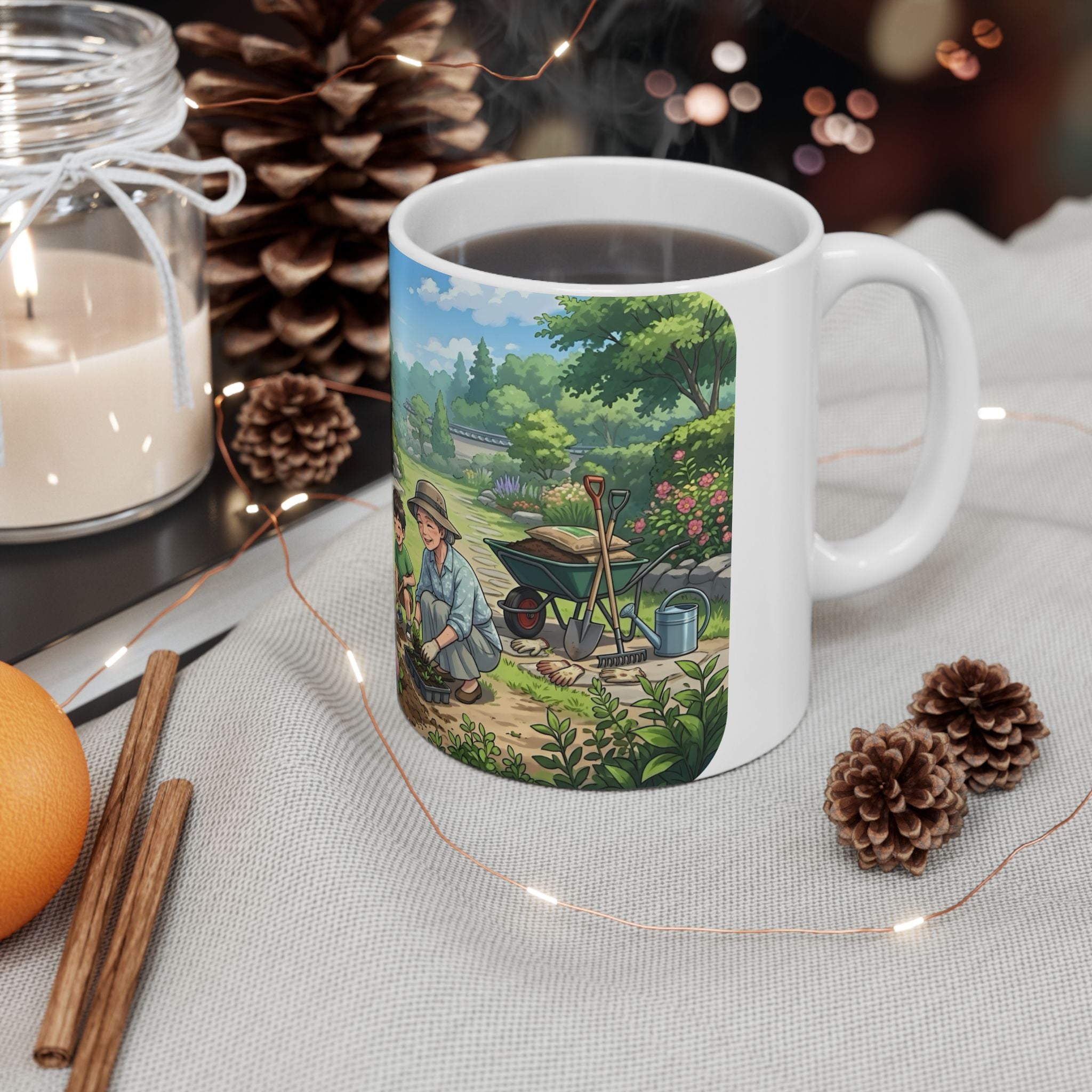 Garden Family Love White Ceramic Mug — Cozy Countryside Landscaping Tea Cup (11oz & 15oz)