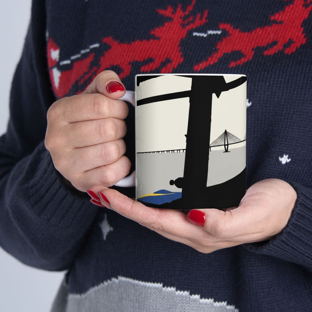 City Bridge Silhouette Scenic White Ceramic Mug – Waterfront Battleship View Cup (11 oz, 15 oz)