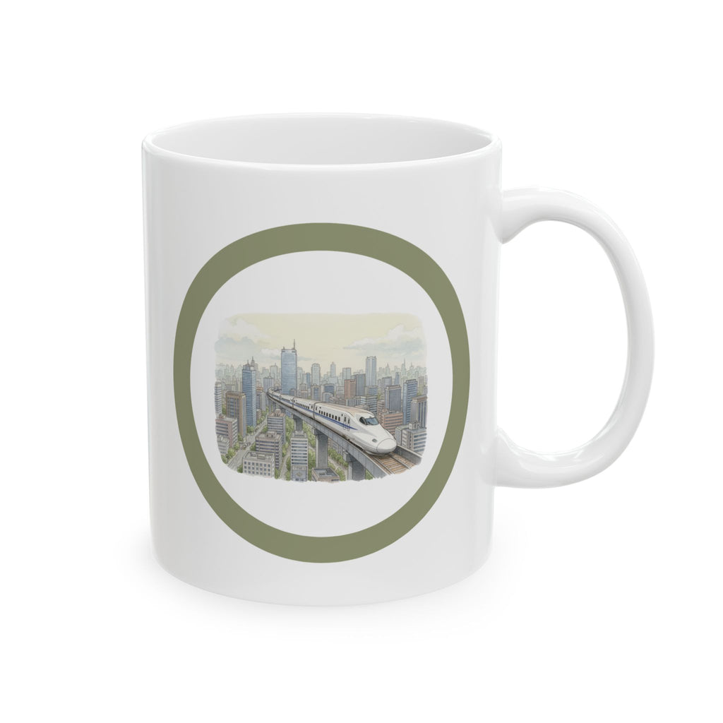Bullet Train Cityscape Tea Cup – Vintage Skyline White Ceramic Mug (11oz & 15oz)
