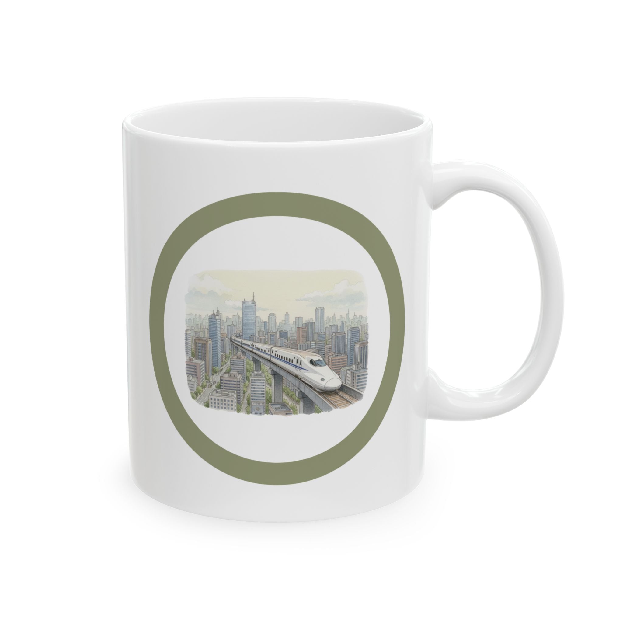 Bullet Train Cityscape Tea Cup – Vintage Skyline White Ceramic Mug (11oz & 15oz)