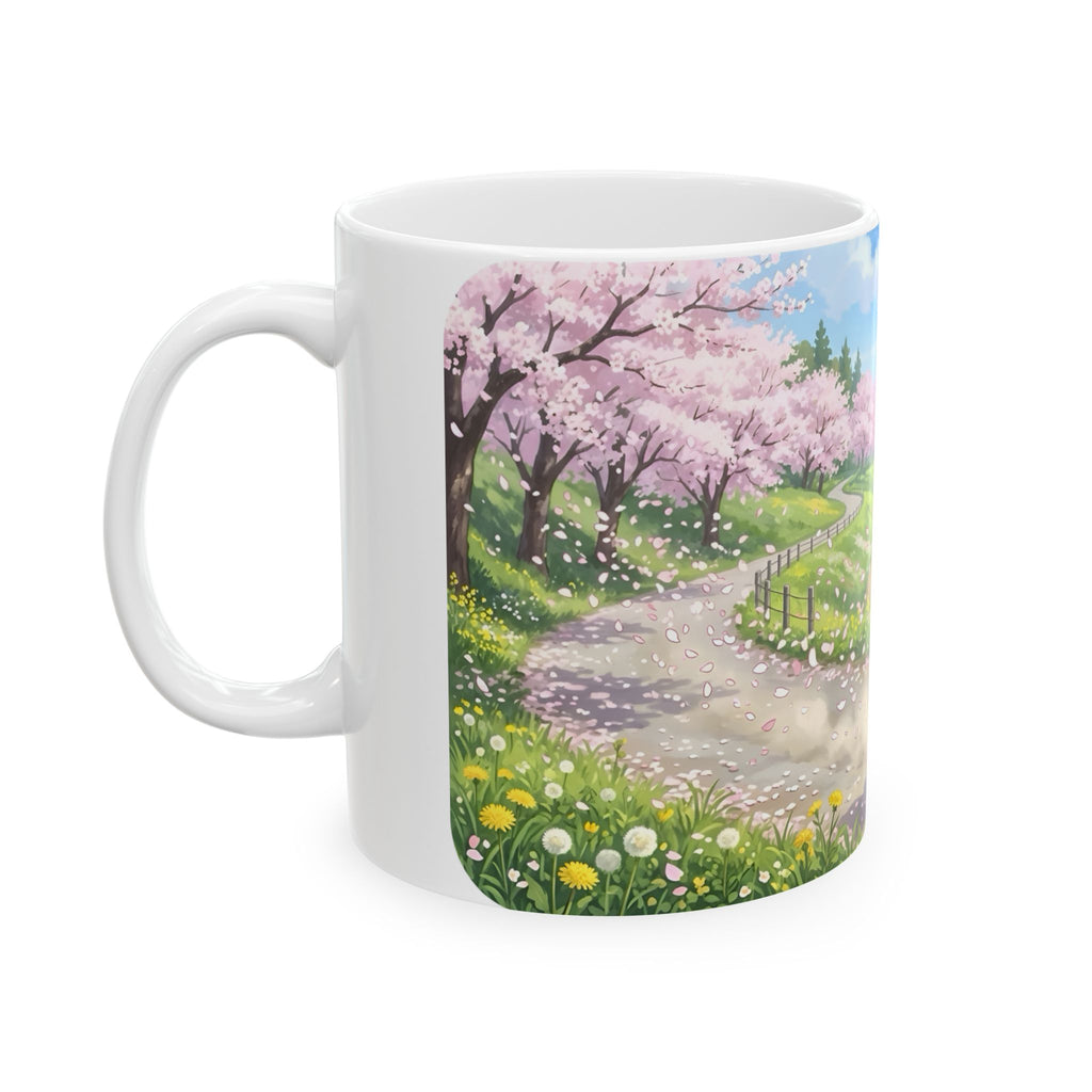 A Quiet Moment of Escape White Ceramic Mug — Sunlit Spring Sakura Cycling Cup (11oz, 15oz)
