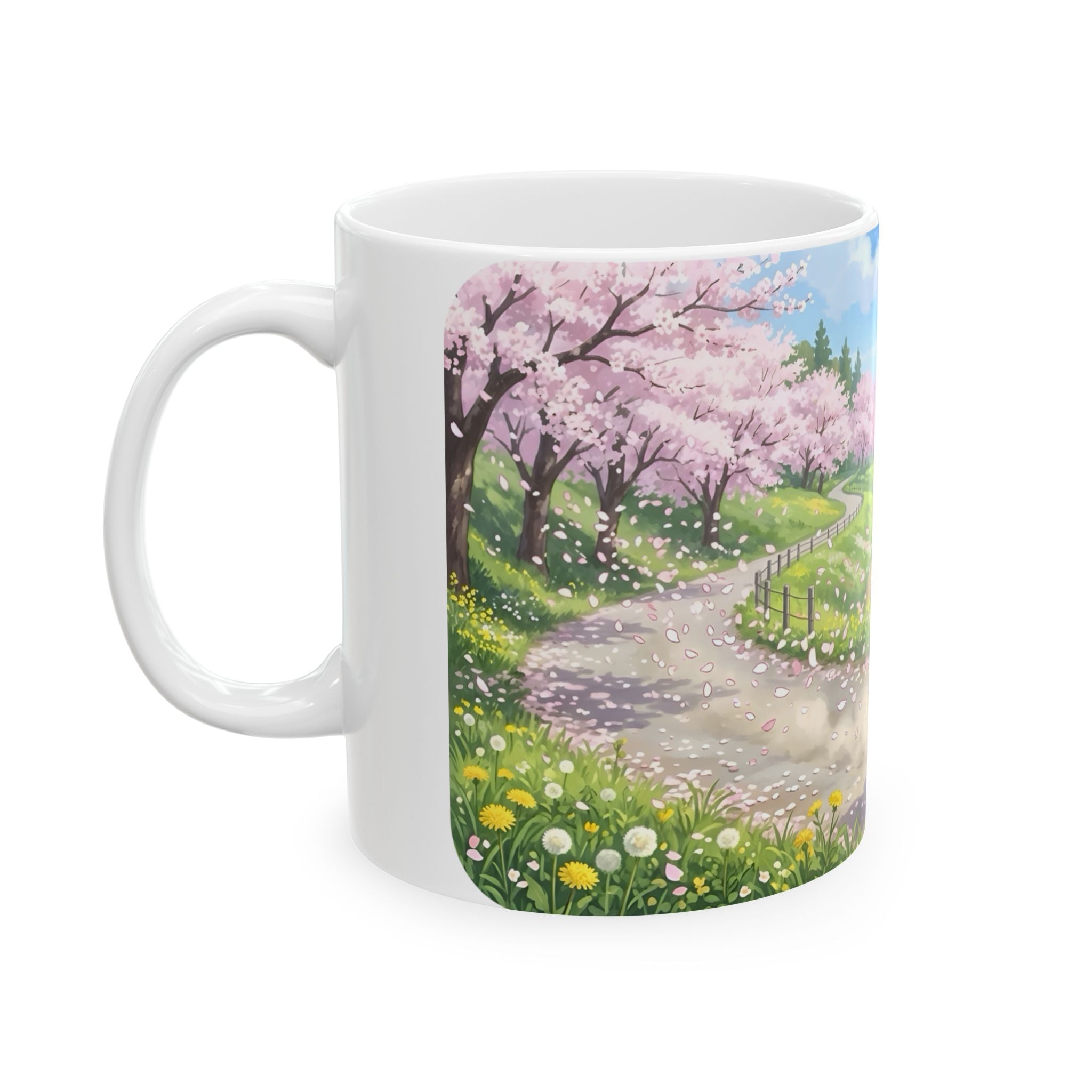 A Quiet Moment of Escape White Ceramic Mug — Sunlit Spring Sakura Cycling Cup (11oz, 15oz)