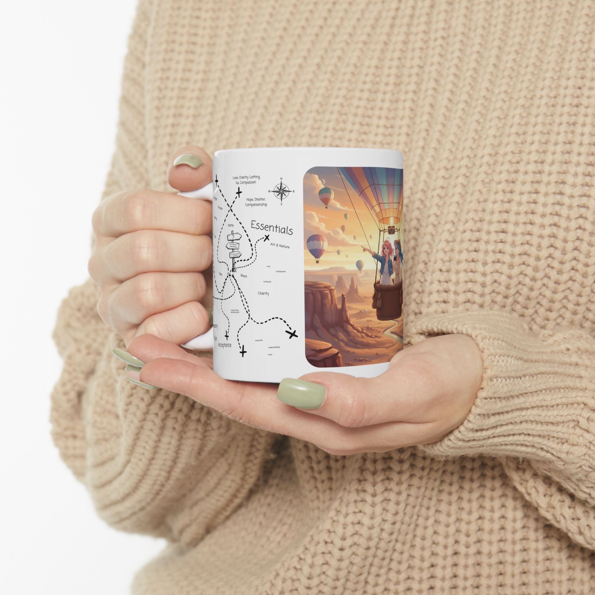 Joyful Friendship Landscape, Colorful Balloon Adventure White Ceramic Mug — True Wealth, Adventure, & Creativity Cup (11oz/15oz)
