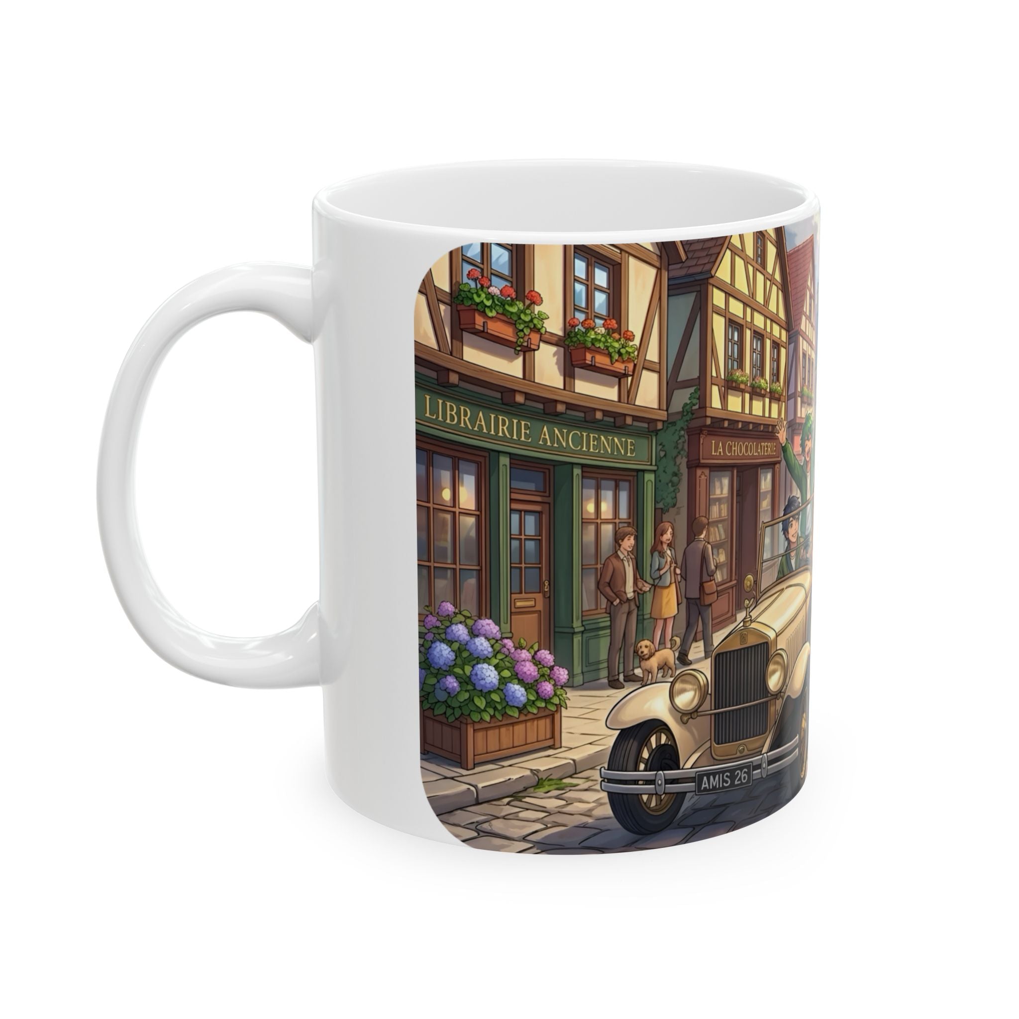 Vintage Village Roadtrip #1 White Ceramic Mug — Classic Cars & Happy Town Friends Cup (11oz, 15oz)