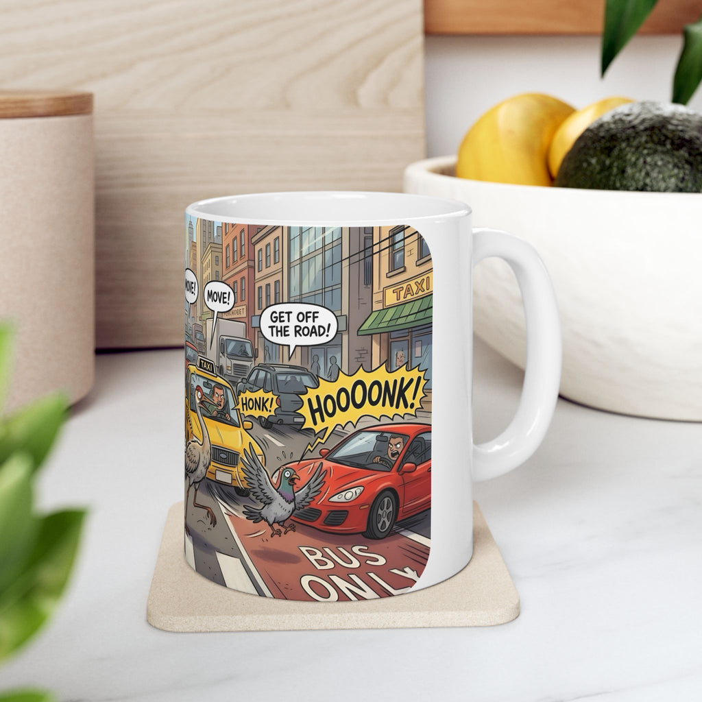 Gator, Crane, and Pidgeon Crossing White Ceramic Mug — Alligator & Bird Traffic Jam Cup (11 oz, 15 oz)
