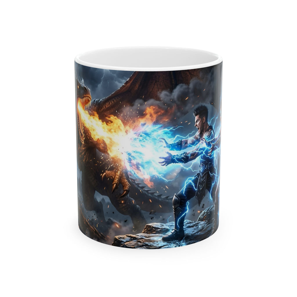 Dragon Battle #1 White Ceramic Mug — Epic Fantasy Gaming Adventure Scene (11oz, 15oz)