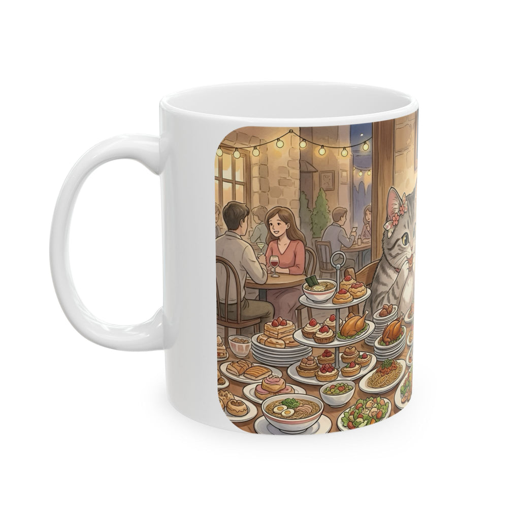 Cat Cafe Breakfast White Ceramic Mug — Cute Cats Dining Tea Cup (11oz/15oz)