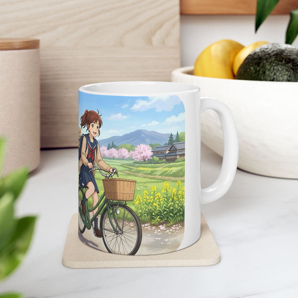 A Quiet Moment of Escape White Ceramic Mug — Sunlit Spring Sakura Cycling Cup (11oz, 15oz)