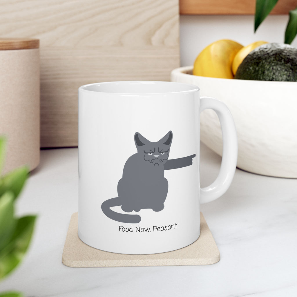 Funny "Food Now, Peasant" Stooshe Cat White Ceramic Mug – Cute Gray Papa Grumps Kitty Cup (11oz & 15oz)