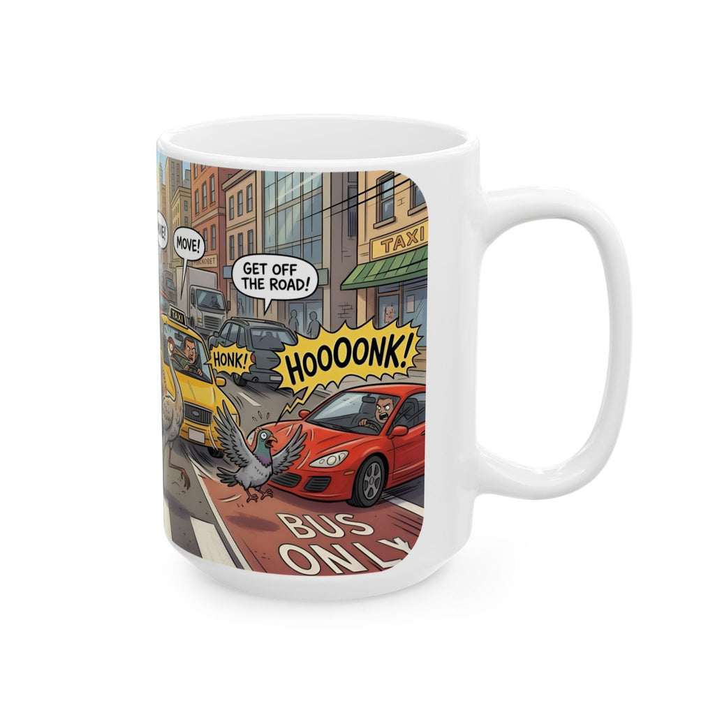 Gator, Crane, and Pidgeon Crossing White Ceramic Mug — Alligator & Bird Traffic Jam Cup (11 oz, 15 oz)