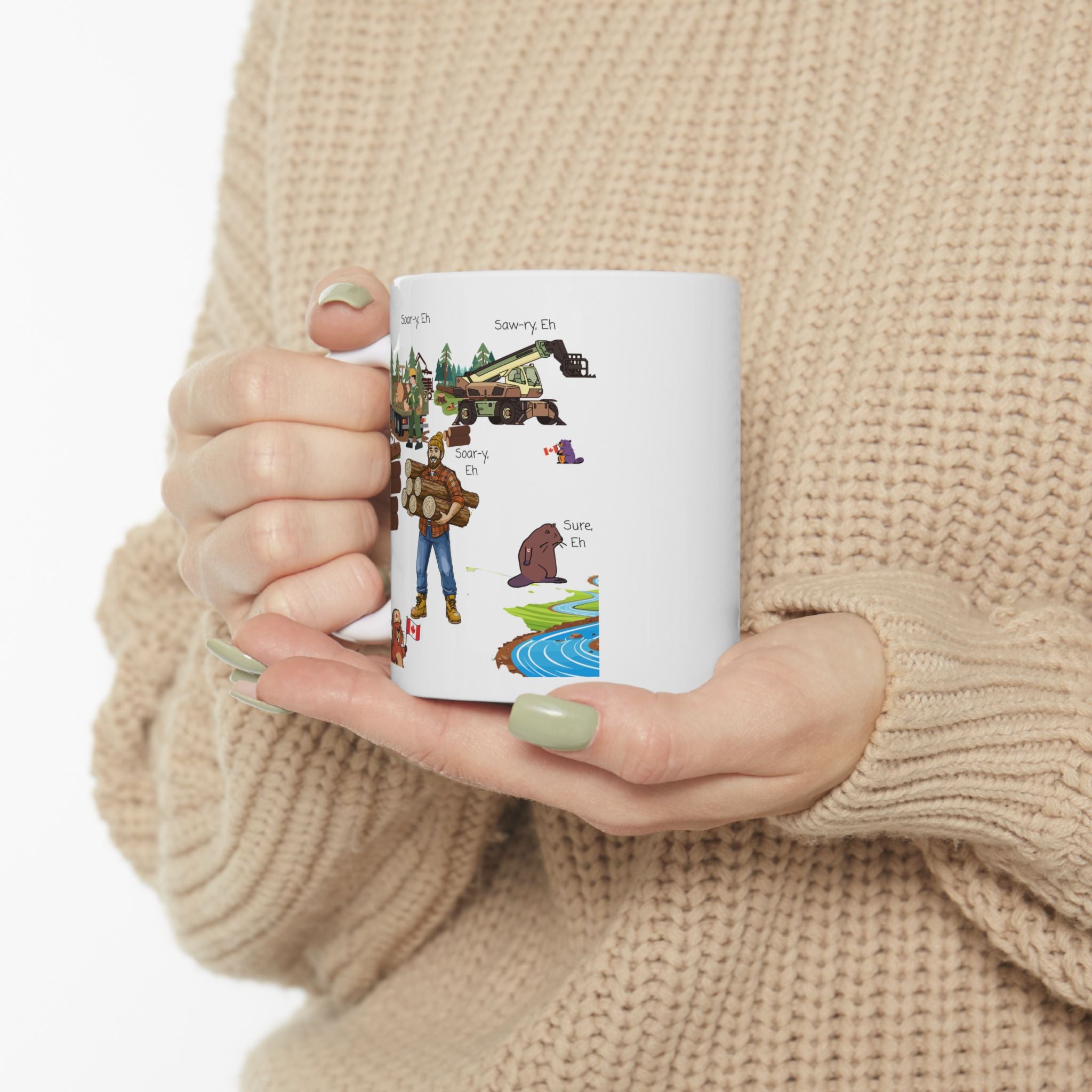 Cute Woodland Beavers With Canadian Lumberjacks On A White Ceramic Mug (11oz, 15oz), We Love Canada Loggers Cup