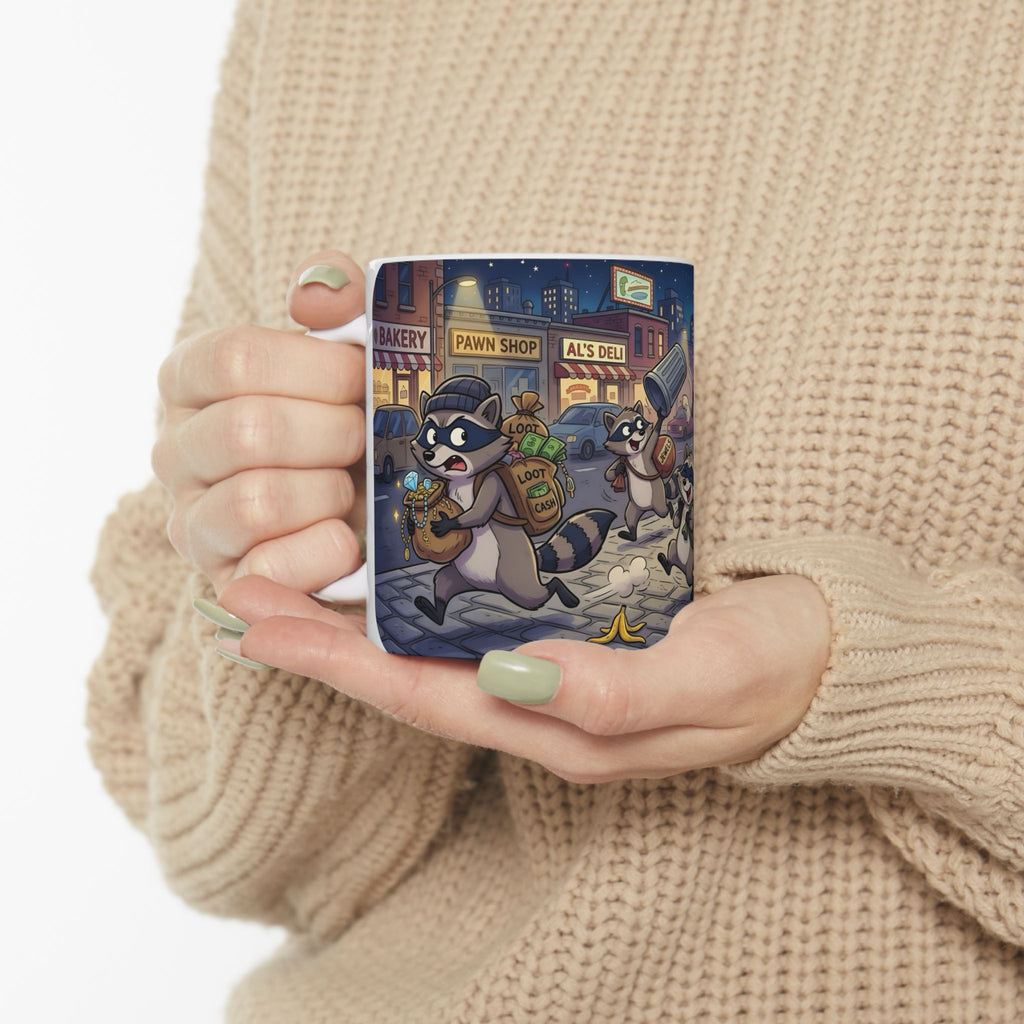 Rambunctious Ringtails White Ceramic Mug — Funny Raccoon Heist Night Scene Cup (11oz, 15oz)