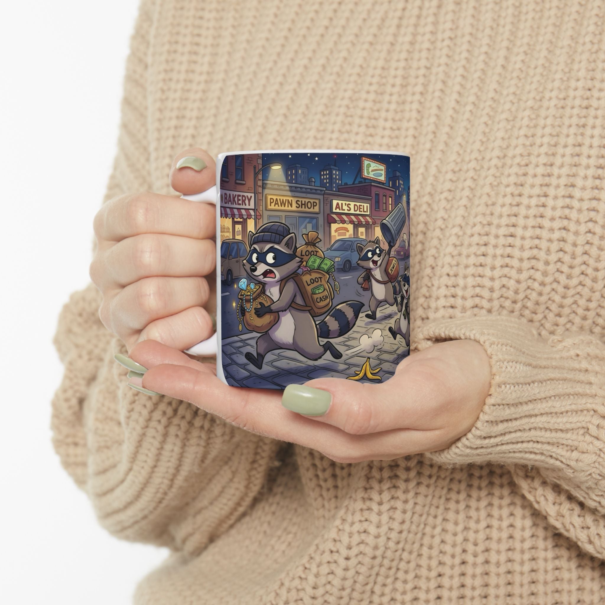 Rambunctious Ringtails White Ceramic Mug — Funny Raccoon Heist Night Scene Cup (11oz, 15oz)