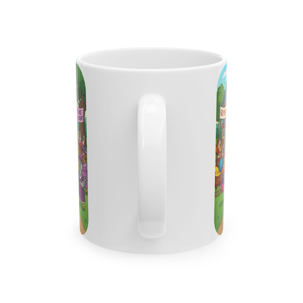 Hens & Roosters Drag Race White Ceramic Mug — Funny Farm Fraternity Racing Tea Cup (11oz/15oz)