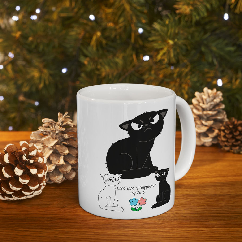 Emotionally Supported by Cats White Ceramic Mug – Cute Black & White Sassy Kitties Tea Cup (11oz & 15oz)