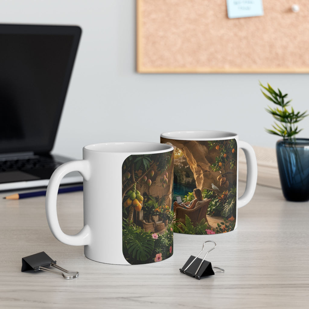Tropical Cave Paradise White Ceramic Mug,  Relaxing Escape Cup (11 oz, 15 oz)