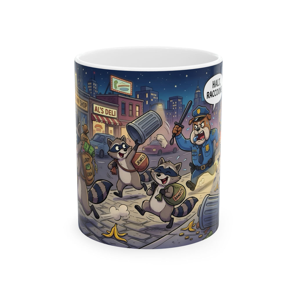 Rambunctious Ringtails White Ceramic Mug — Funny Raccoon Heist Night Scene Cup (11oz, 15oz)
