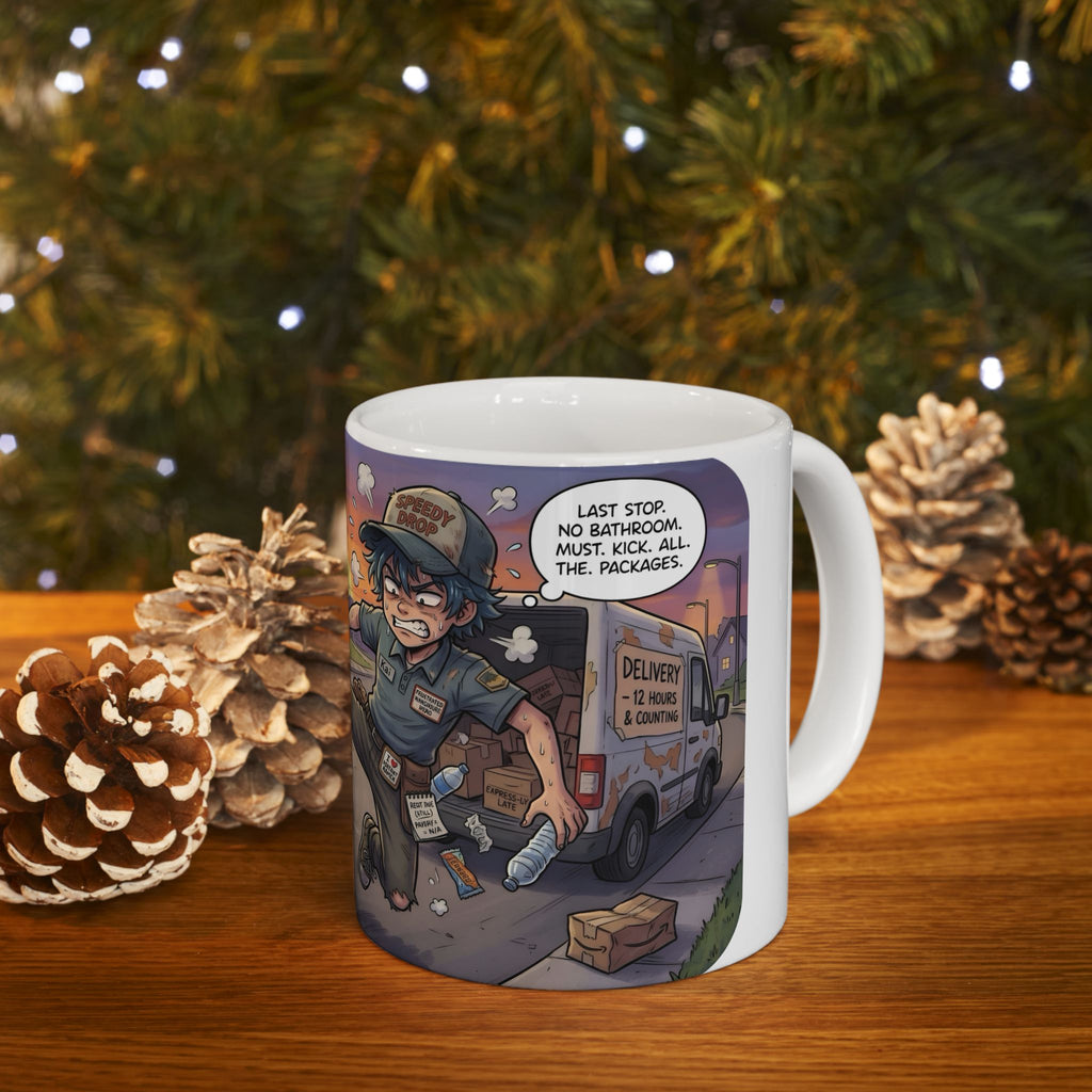 Speedy Drop Delivery Bathroom Tales White Ceramic Mug — "Gotta Go" Postal Worker Tea Cup (11oz/15oz)