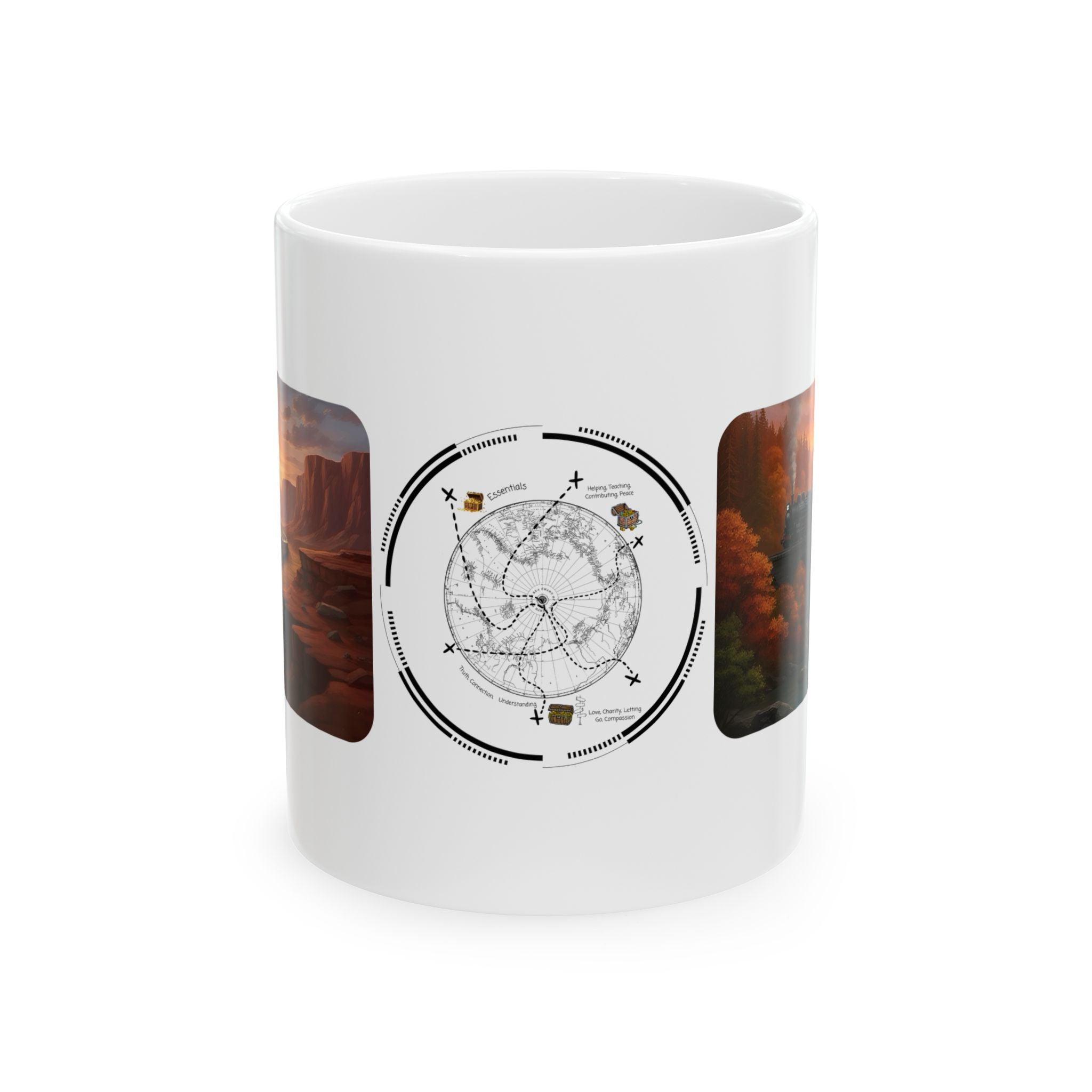 Desert Canyon Sunset Railway White Ceramic Mug — Vintage Steam Train Forest Viaduct Cup (11oz/15oz)