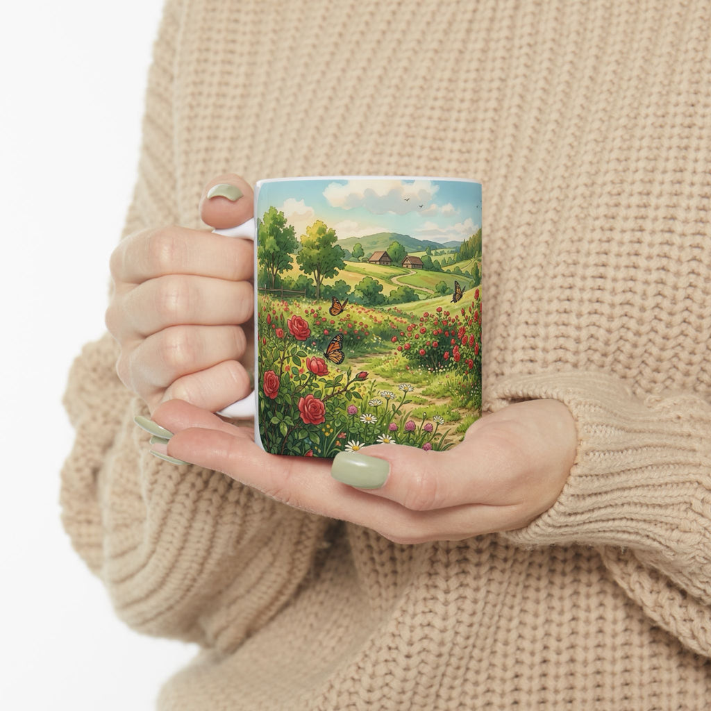 Scenic Countryside White Ceramic Mug — Floral Garden & Butterflies 11oz/15oz