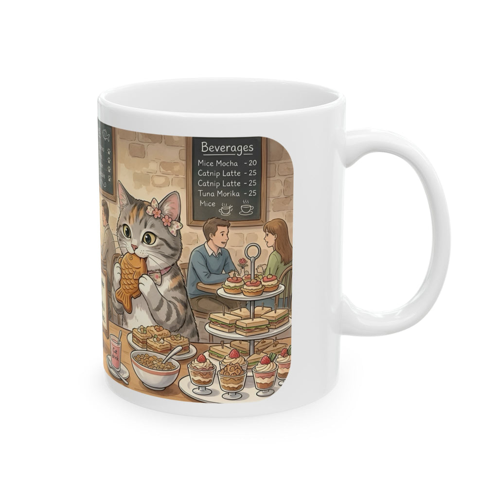 Cat-Astrophe Café White Ceramic Mug — Cute Cat Bakery Date Cup (11oz & 15oz)