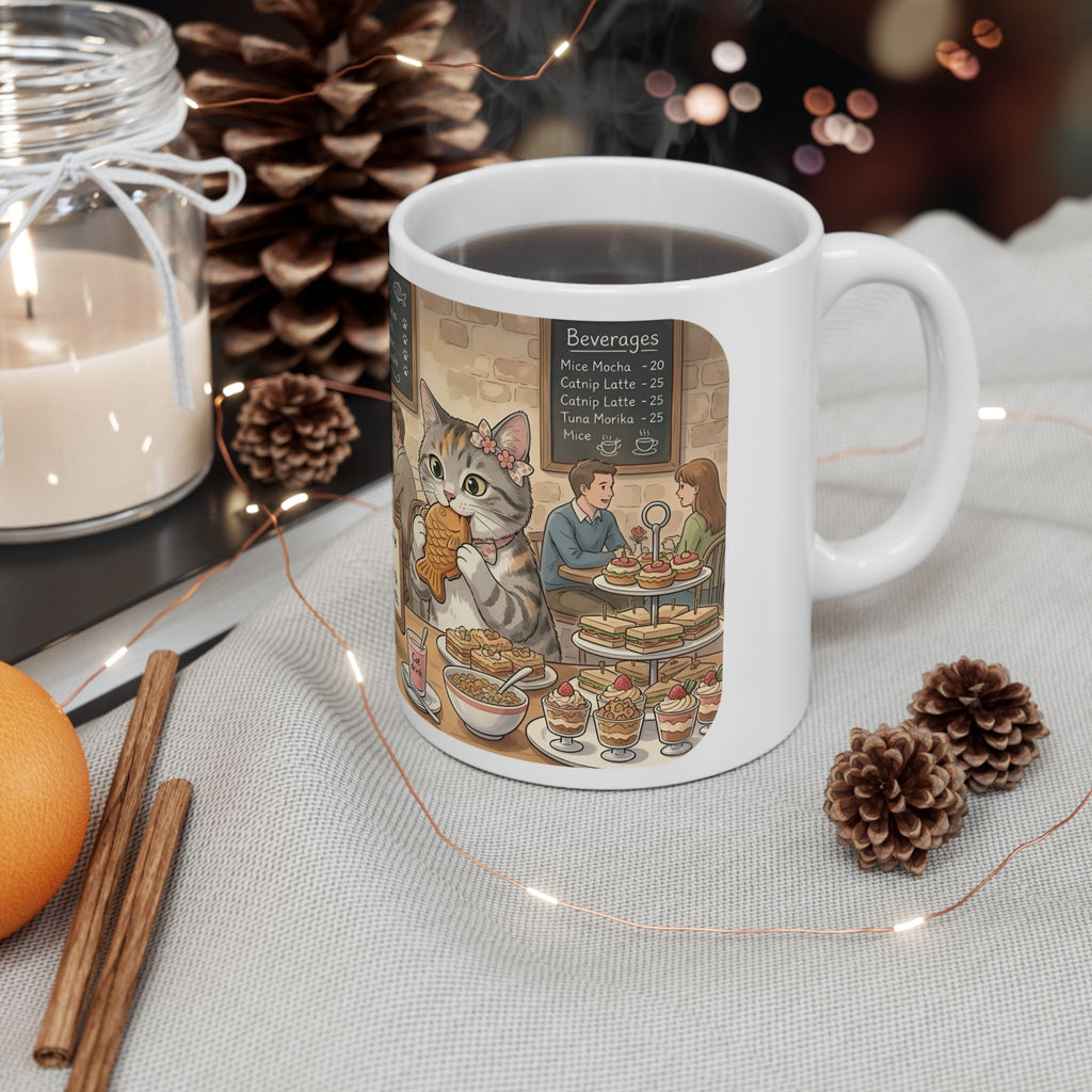 Cat-Astrophe Café White Ceramic Mug — Cute Cat Bakery Date Cup (11oz & 15oz)