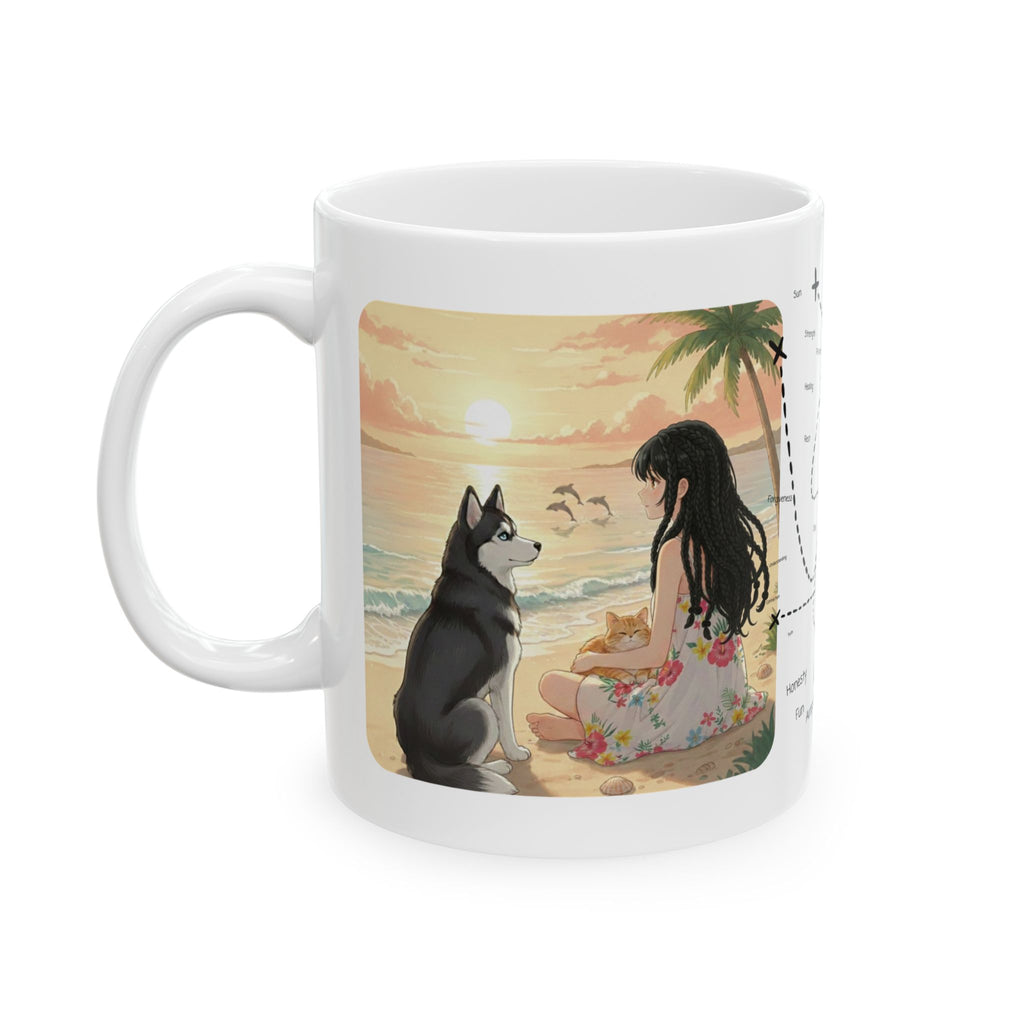 Cozy Peaceful Moments with Pets Sunset Beach White Ceramic Mug — Husky, Yorkie & Orange Cat Tropical Seascape Cup (11oz, 15oz)
