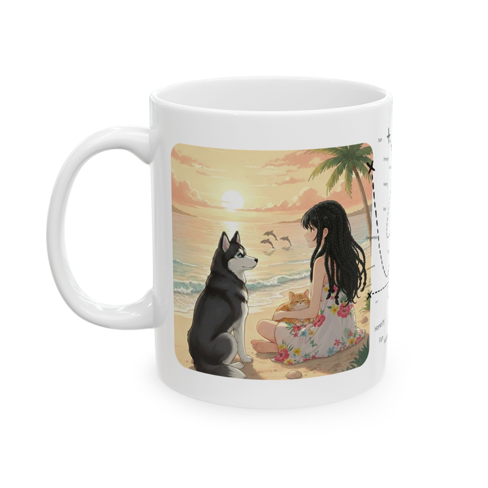 Cozy Peaceful Moments with Pets Sunset Beach White Ceramic Mug — Husky, Yorkie & Orange Cat Tropical Seascape Cup (11oz, 15oz)