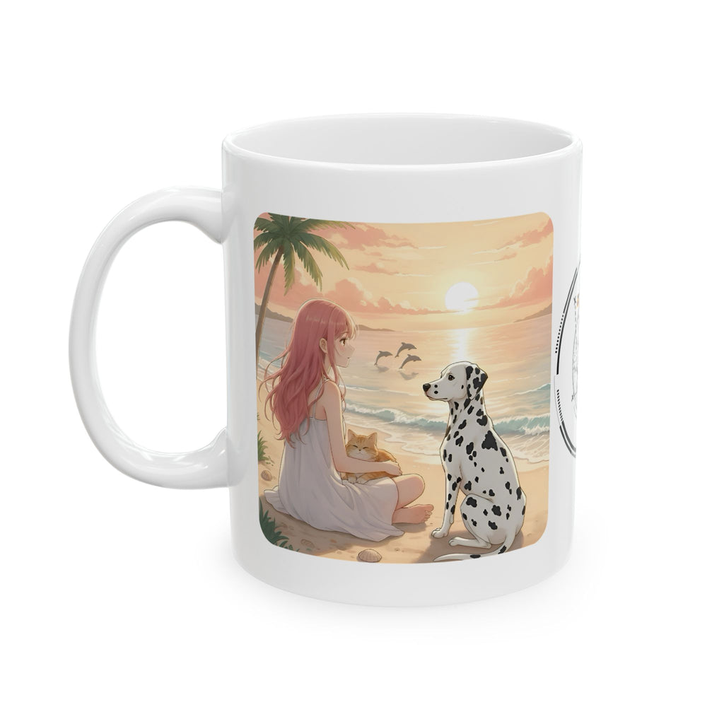 Dalmatian Dog Orange Cat Sunset & Sunflower White Ceramic Mug — Peaceful Waves Anime Girl Boho Beach Vibes Cup (11oz, 15oz)