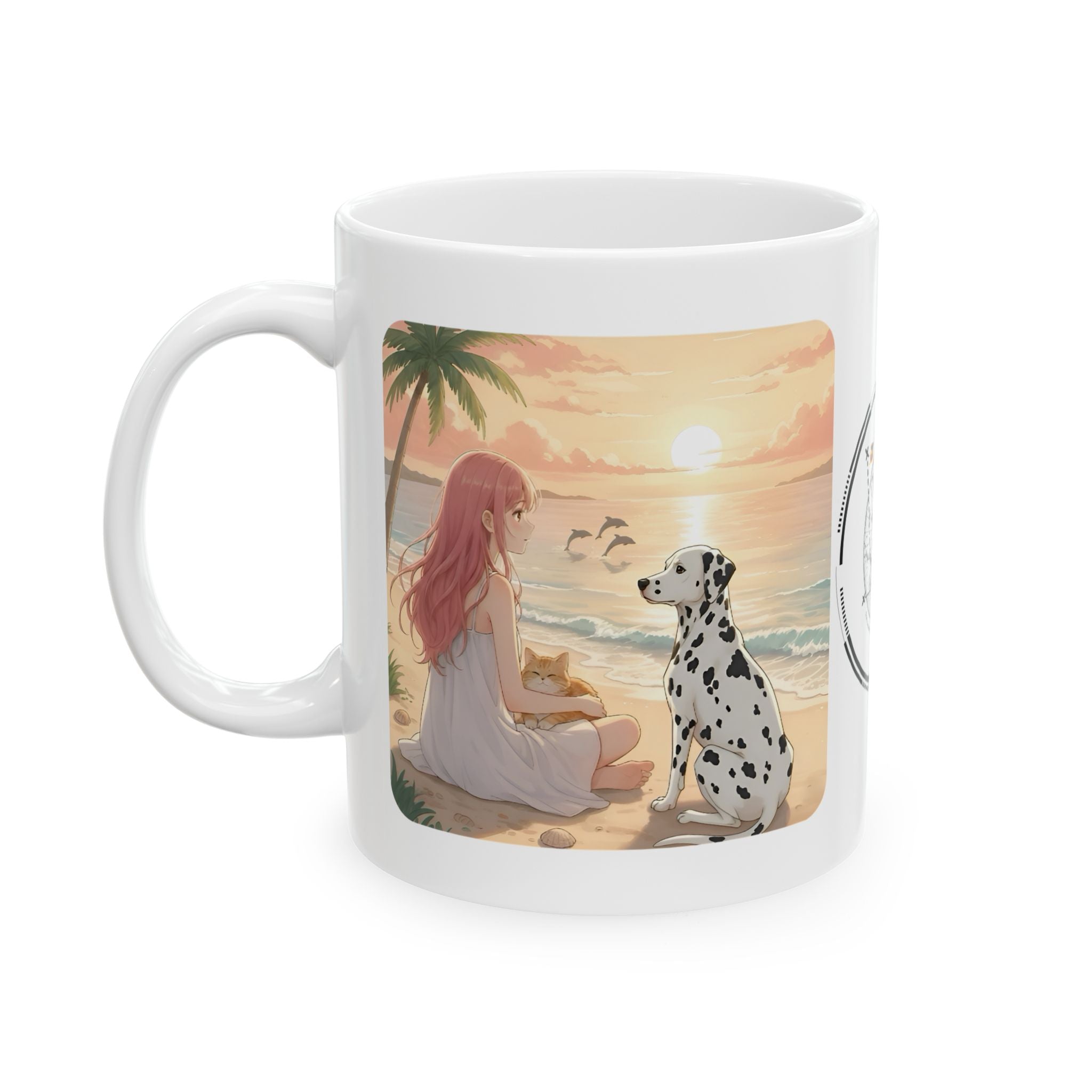 Dalmatian Dog Orange Cat Sunset & Sunflower White Ceramic Mug — Peaceful Waves Anime Girl Boho Beach Vibes Cup (11oz, 15oz)