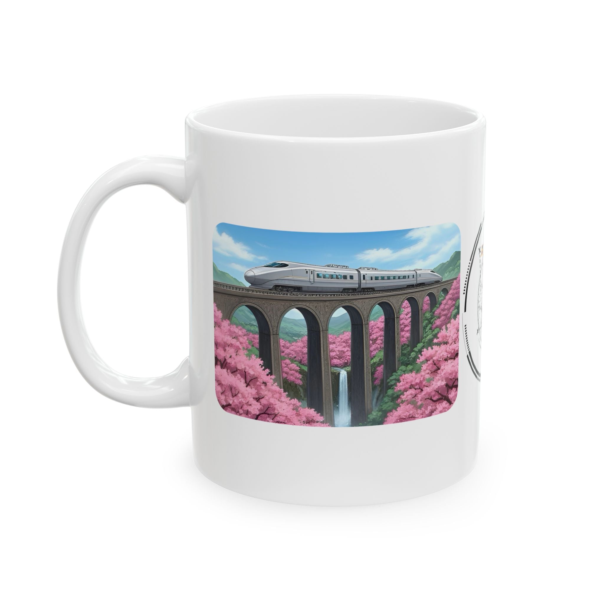 Springtime Cherry Blossom Bullet Train Express White Ceramic Mug, Serene Mountain Viaduct Sakura Railway Cup (11oz/15oz)