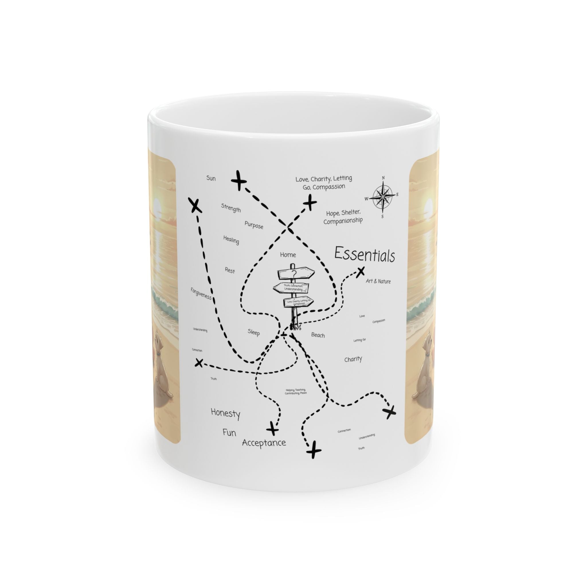 West Highland Terrier Dog, Siamese and Tabby Cats Coastal Decor White Ceramic Mug, Cozy Tropical Seascape Anime Girl Sunset Cup (11oz, 15oz)