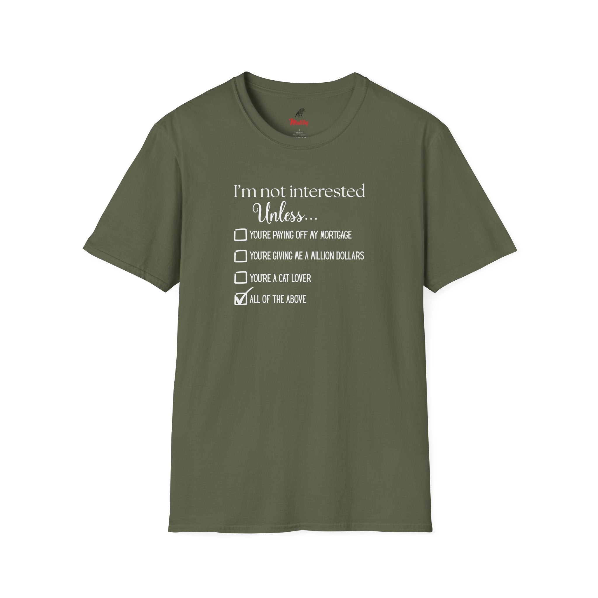No Soliciting T-Shirt #1 — "I'm Not Interested Unless..." Funny Checklist Tee (All of the Above)