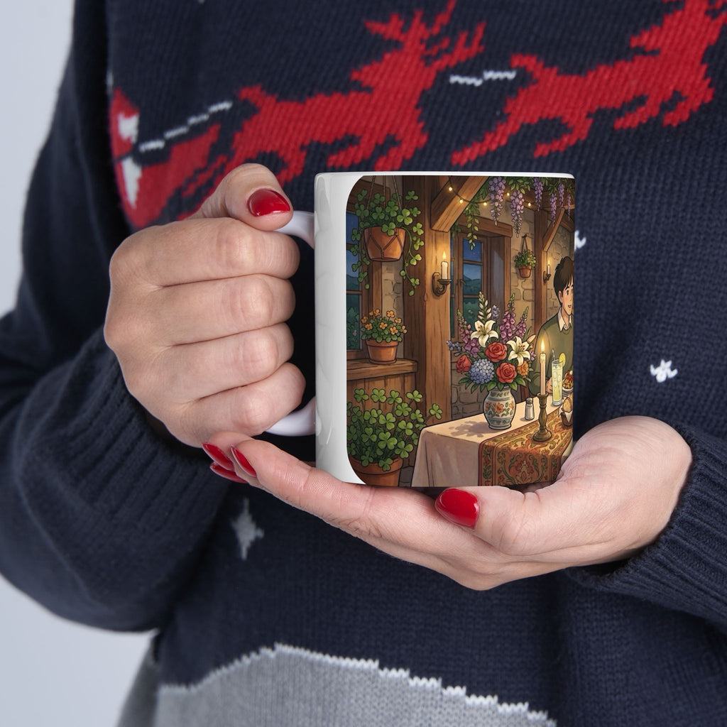 Cozy Candlelit Dinner White Ceramic Mug — Romantic Couple Cottage Cup (11oz & 15oz)