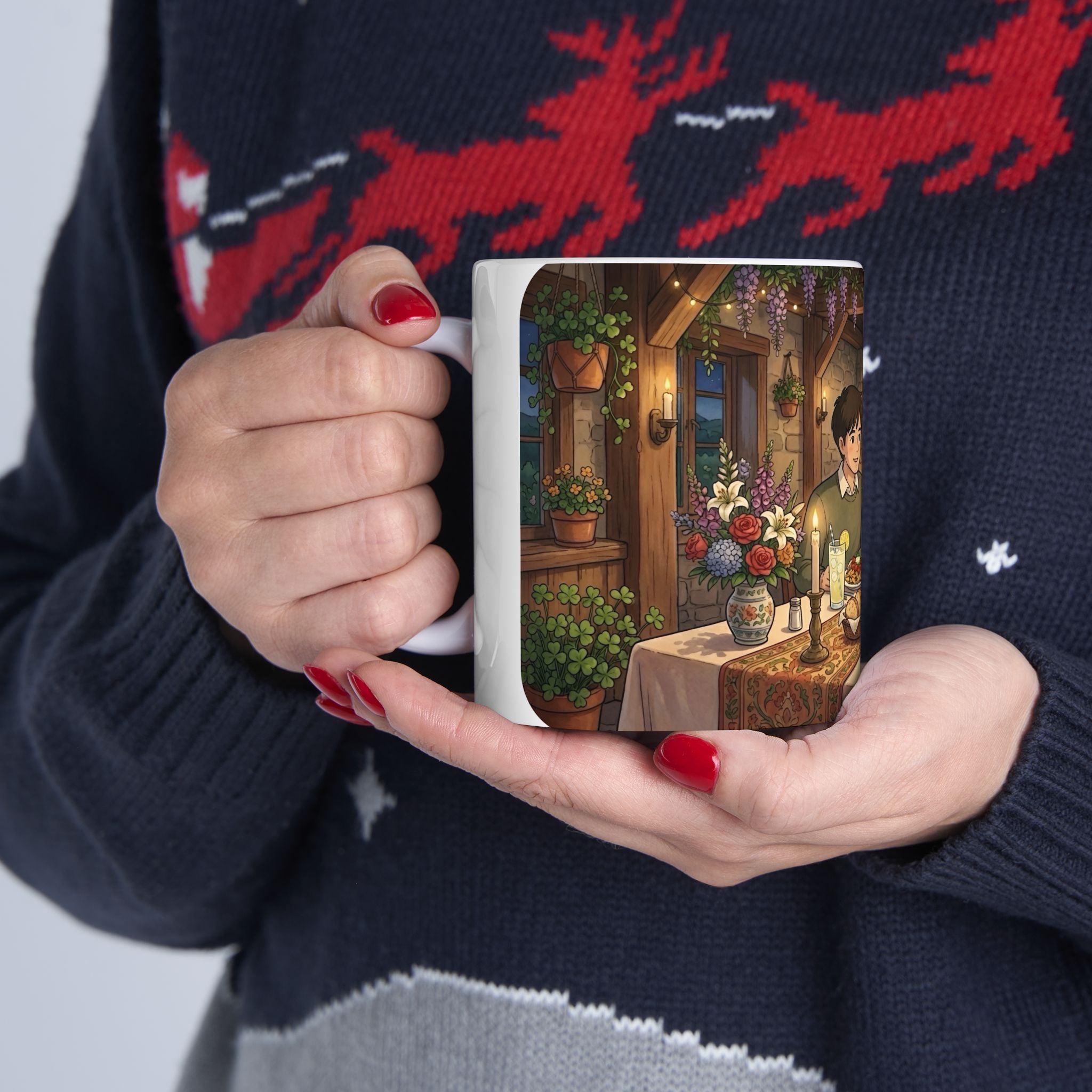 Cozy Candlelit Dinner White Ceramic Mug — Romantic Couple Cottage Cup (11oz & 15oz)