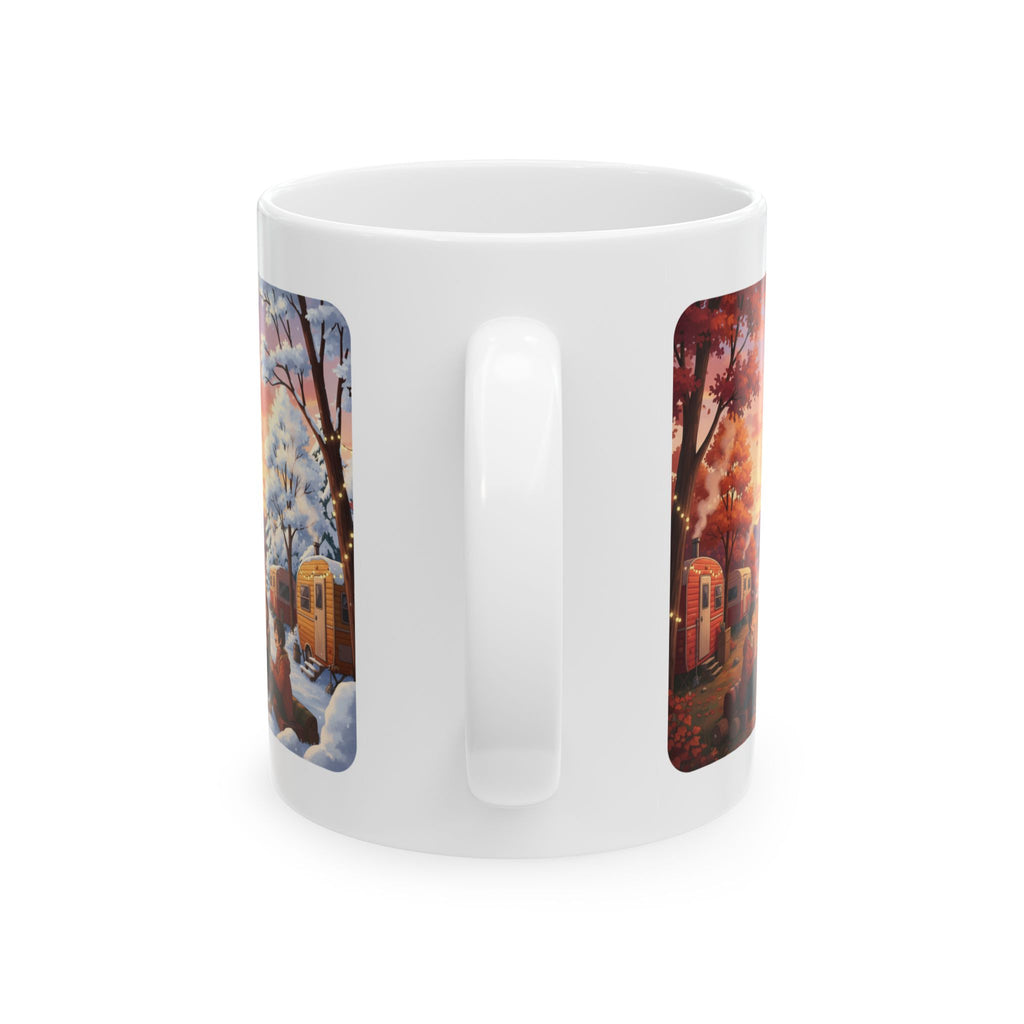 Autumn Leaves & Winter Snow Sunset White Ceramic Mug — Cozy Camping Fall & Winter Cottagecore Cup (11oz & 15oz)